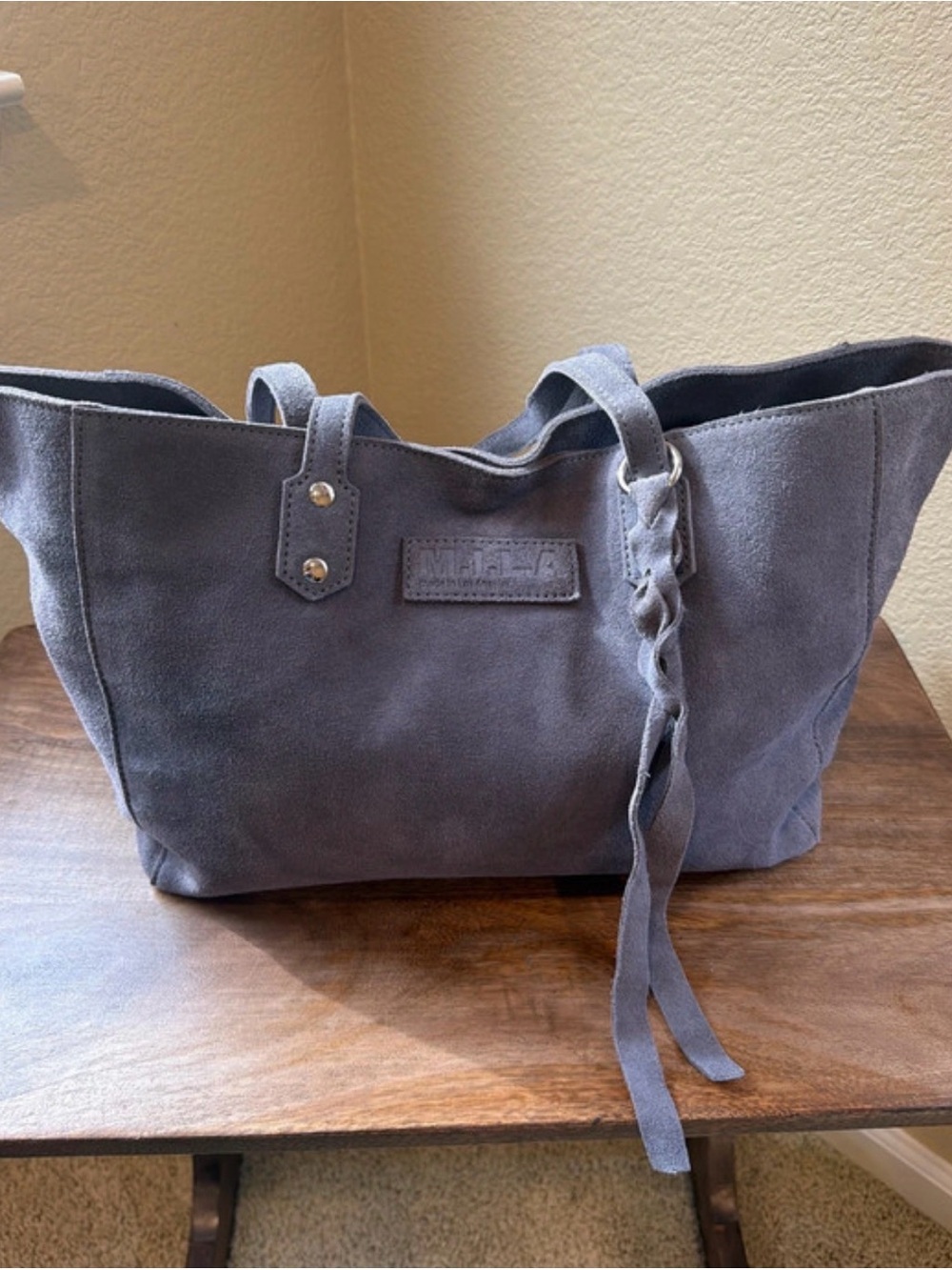 Suede Tote Bag with Braided Detail - Gray